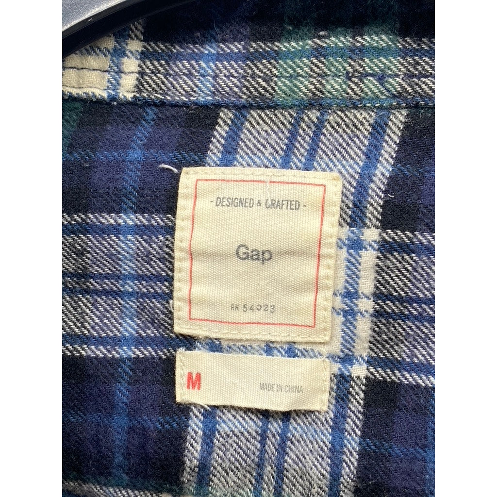 GAP Men's Blue-Green Plaid Button-Up Regular-Fit Long Sleeve Flannel Shirt SZ M