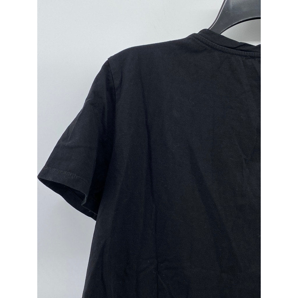 ZARA Women's Black Crewneck Pleated Sheer Hem Short Sleeve Top SZ L