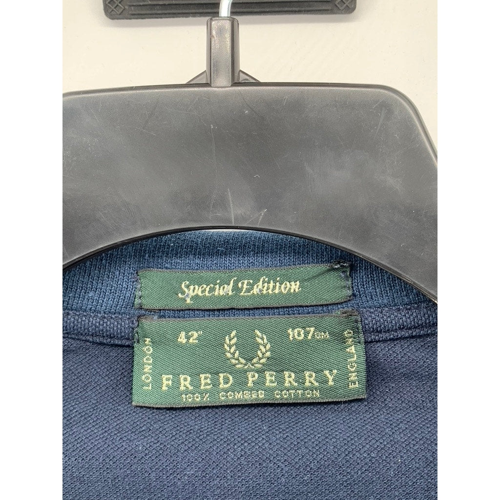FRED PERRY Men's Navy Blue Textured Long Sleeve Polo Shirt SZ 42(L)