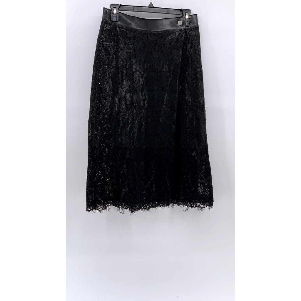SHANGXIA Women's Black Wool-Blend Lace Side-Button A-Line Midi Skirt SZ L