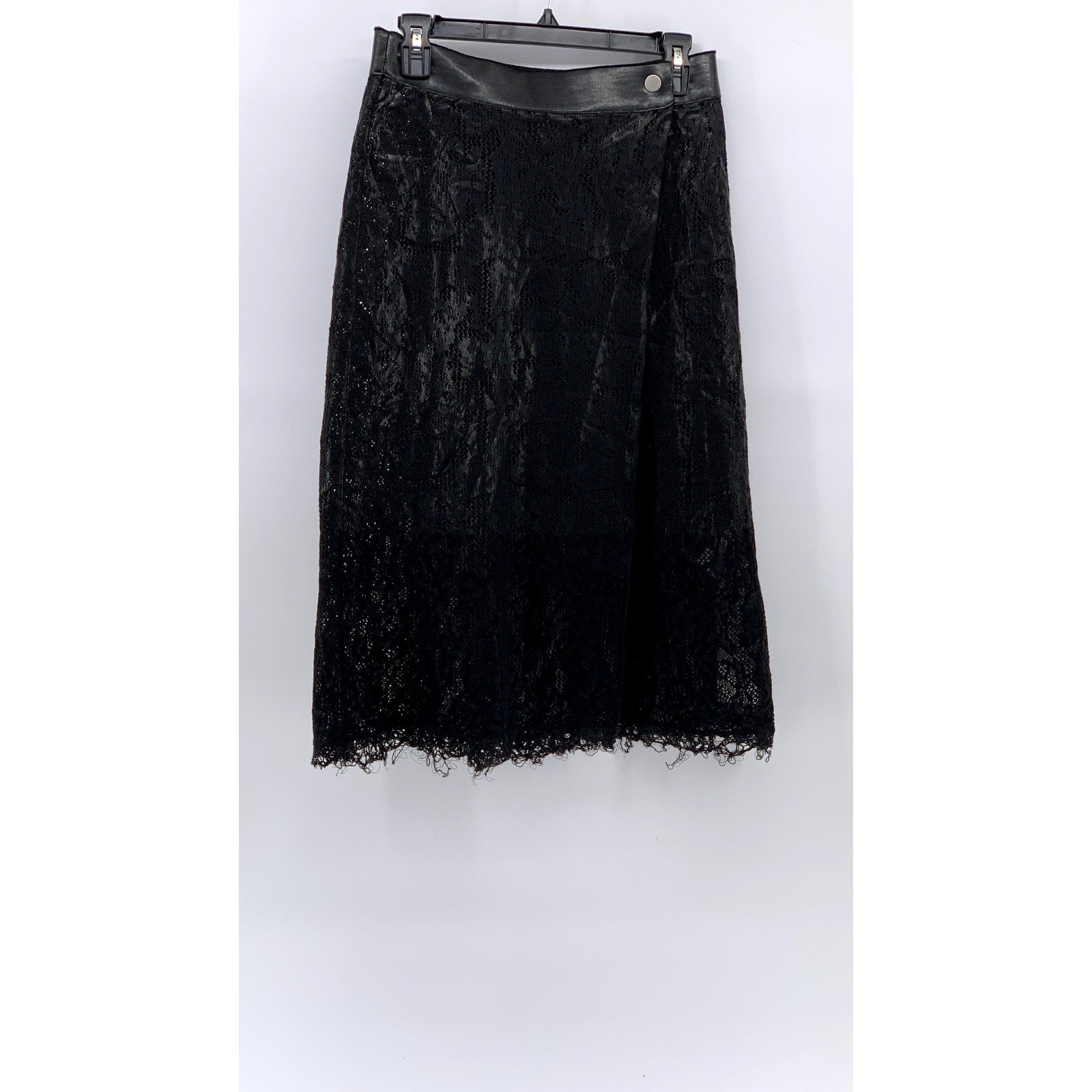 SHANGXIA Women's Black Wool-Blend Lace Side-Button A-Line Midi Skirt SZ L