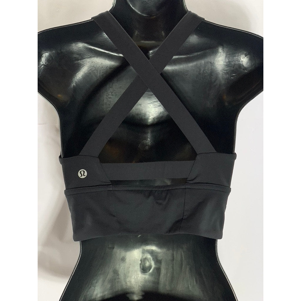 LULULEMON Women's Black Solid Deep V-Neck Cross-Back Cutout Sport Bra SZ S