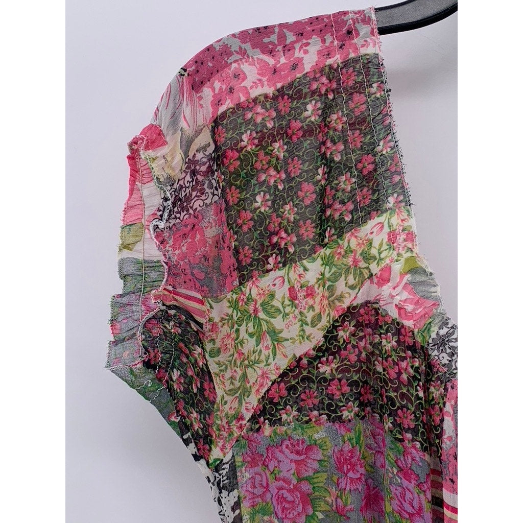 UNBRANDED Women's Pink-Green Multi Printed Puff-Short Sleeve A-Line Dress SZ S