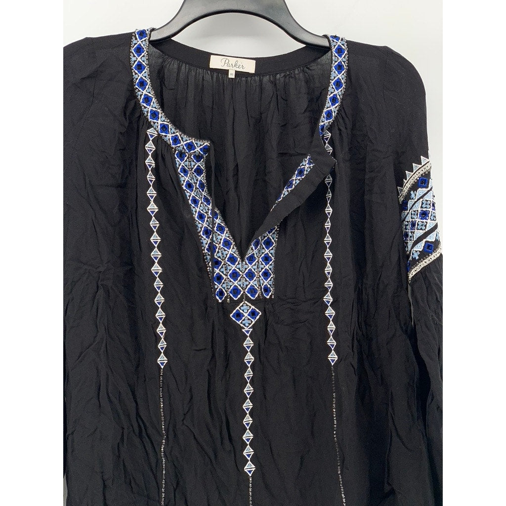 PARKER Women's Black-Blue Boho Beaded Split Tie Neck Long Sleeve Top SZ XS