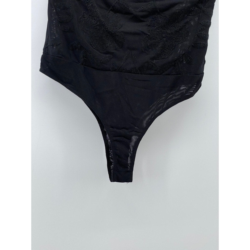 WILD HONEY Women's Black Embroidered Floral Mesh Strapless Thong Bodysuit SZ S