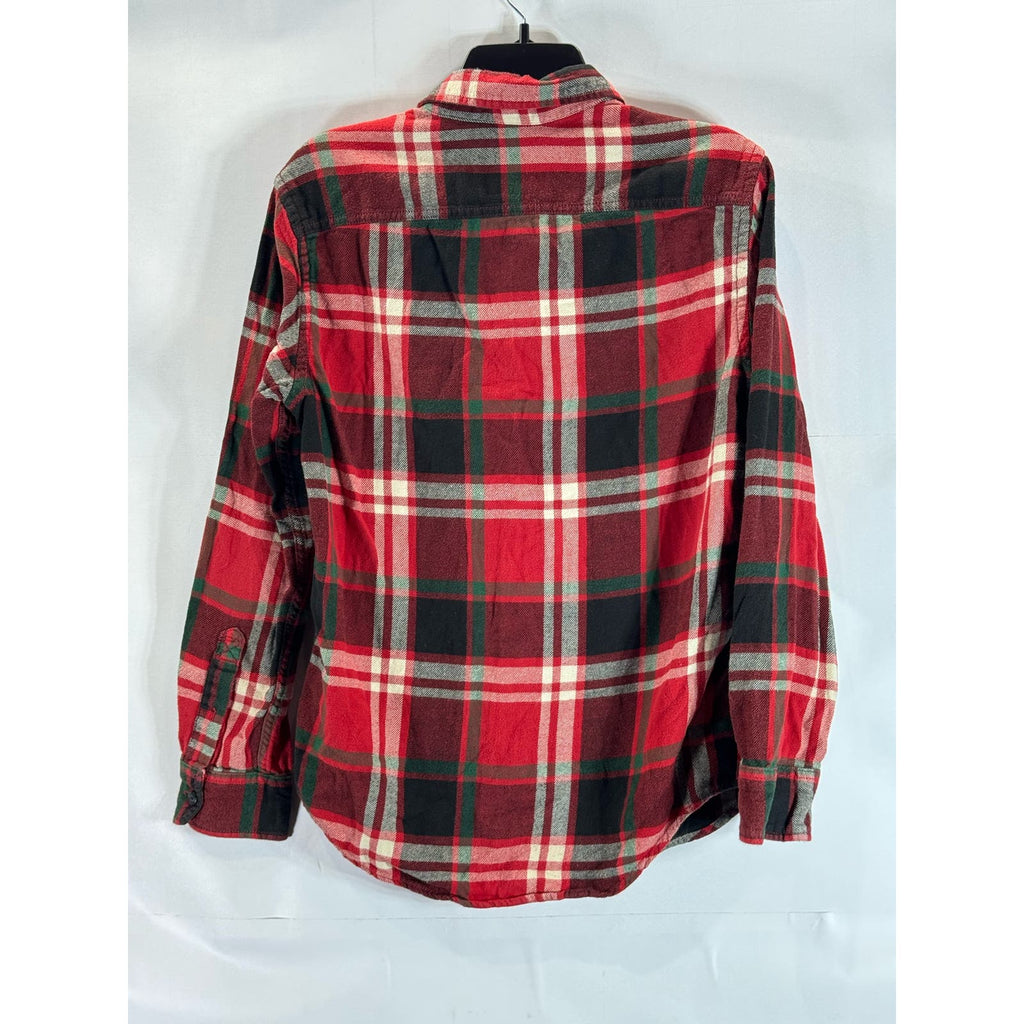 AMERICAN EAGLE OUTFITTERS Men's Red Plaid Athletic-Fit Button-Up Shirt SZ S