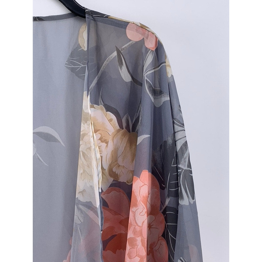 UNBRANDED Women's Black Floral Sheer Long Sleeve Open-Front Cardigan SZ L