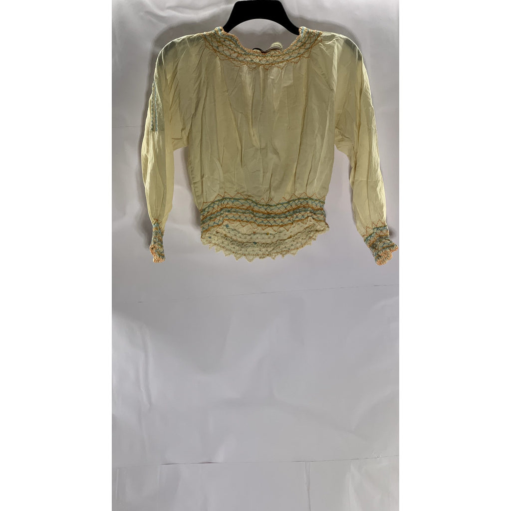 WHAT GOES AROUND COMES AROUND Women's Beige Embroidered Long SleeveTop SZ S