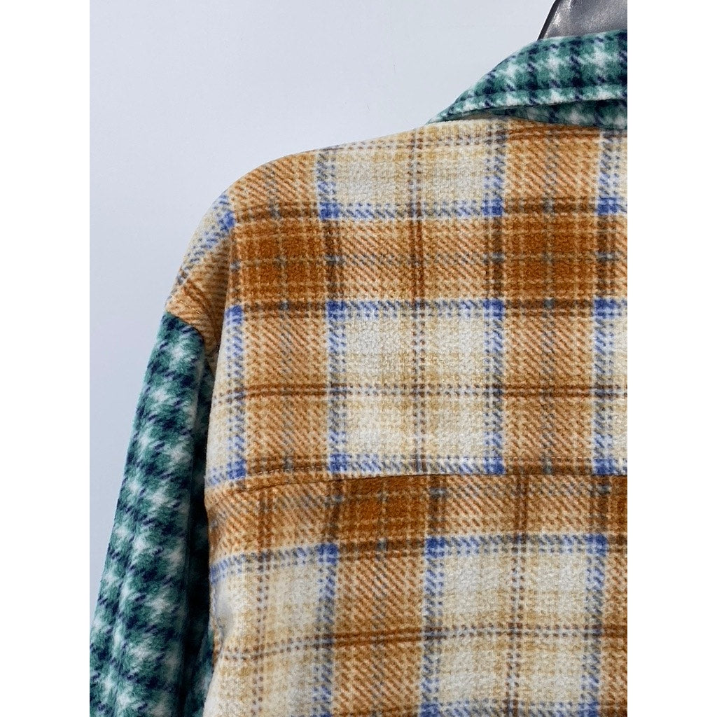 JUST POLLY NEW YORK Women's Brown-Green Plaid Colorblock Button-Up Top SZ M