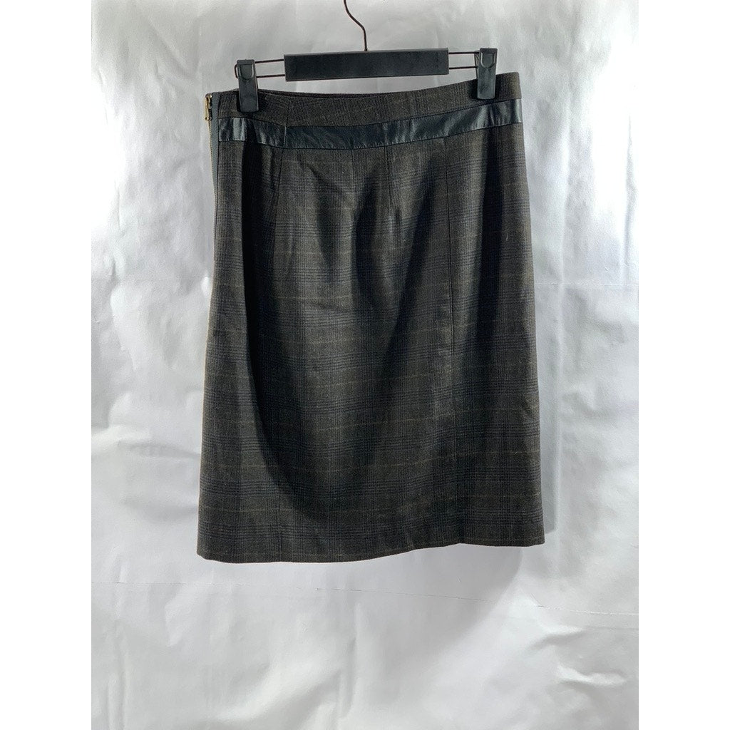 CLUB MONACO Women's Brown Plaid Wool-Blend Leather Trim Side Slit Skirt SZ 2