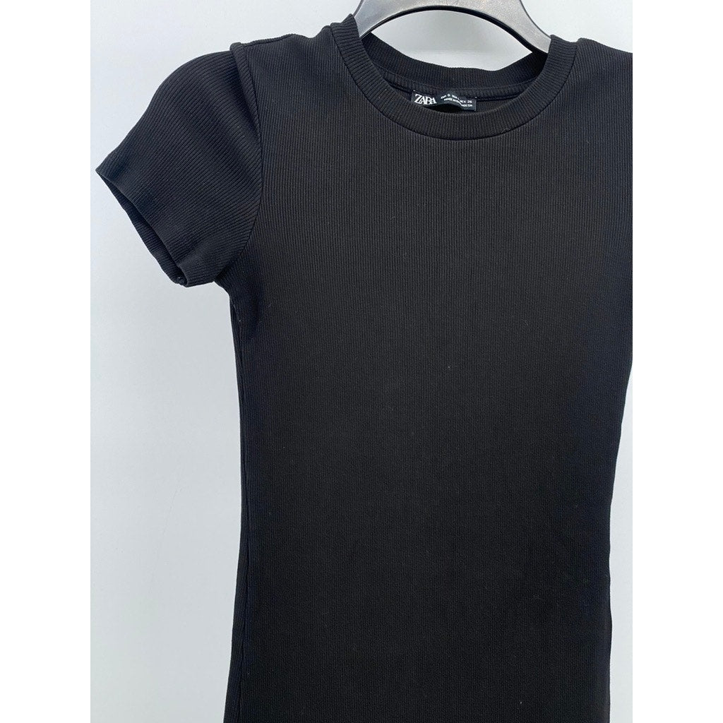 ZARA Women's Black Rib-Knit Crewneck Short Sleeve Casual Bodycon Midi Dress SZ S