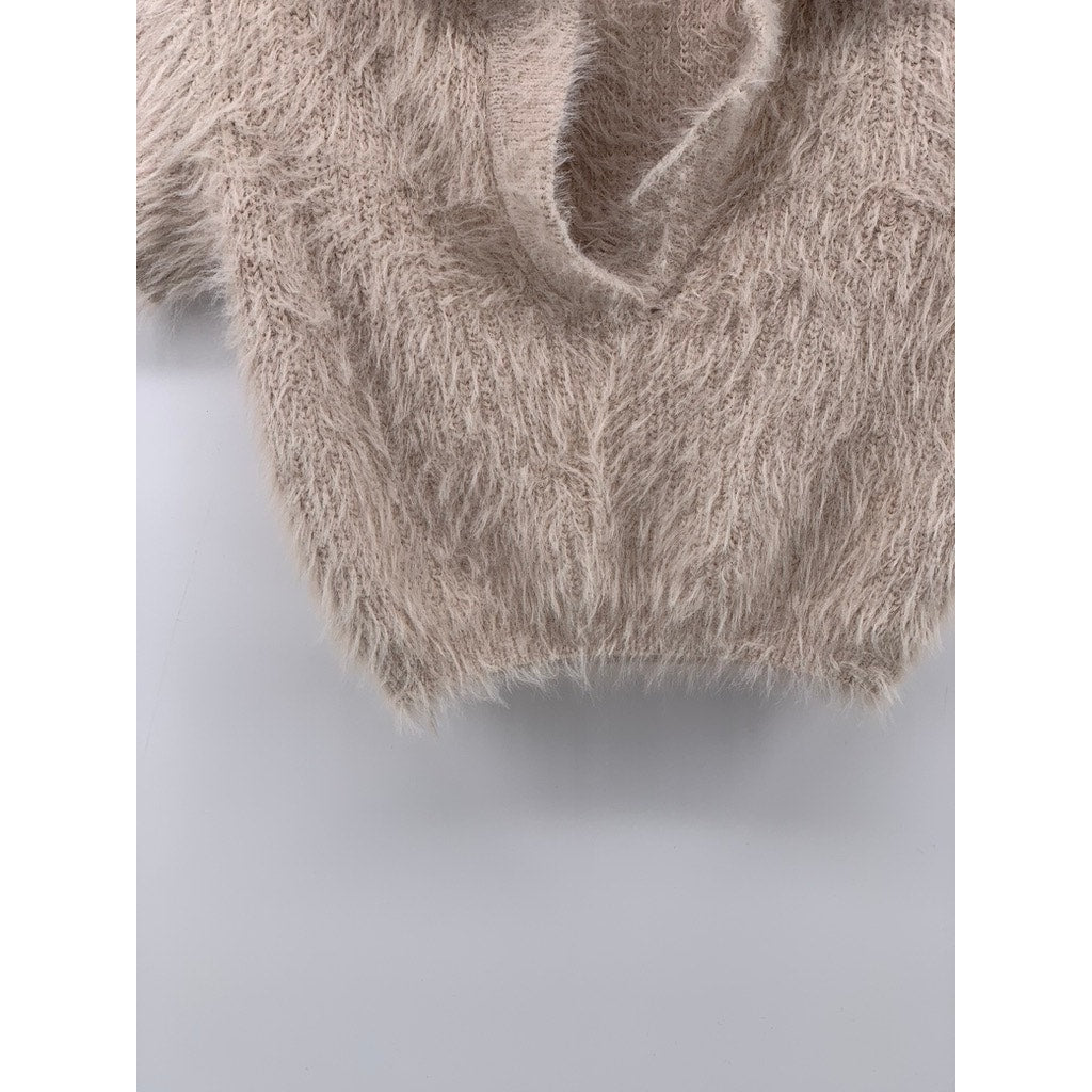 ZARA Women's Beige Fuzzy Knit Split-Neck Short Sleeve Cropped Polo Top SZ S