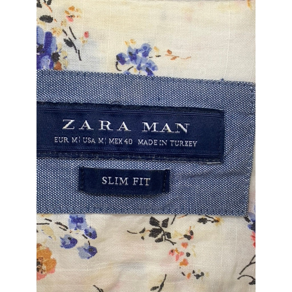 ZARA Men's Off-White Floral Print Button-Up Slim-Fit Long Sleeve Shirt SZ M