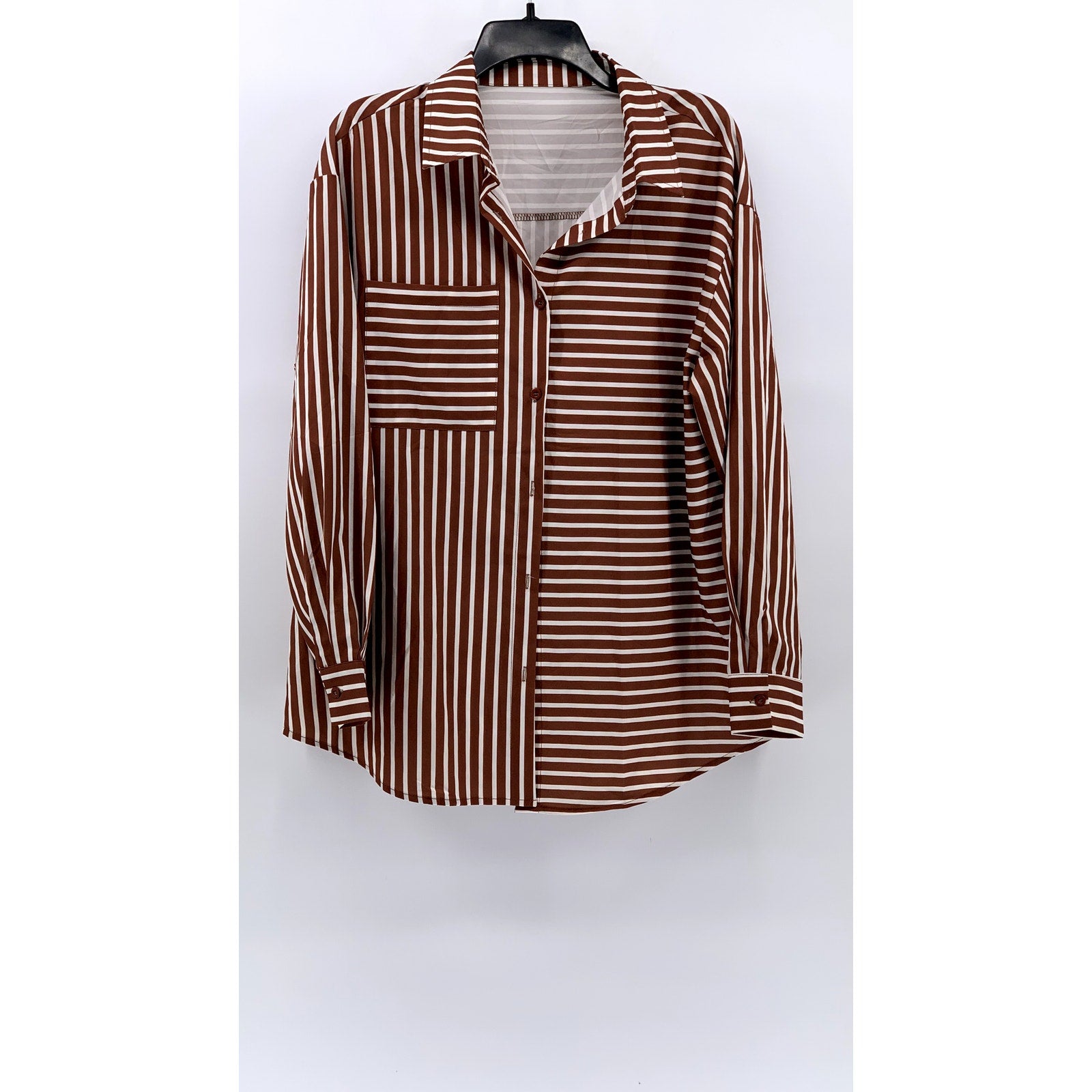 UNBRANDED Women's Brown-White Striped Button-Up Top SZ S