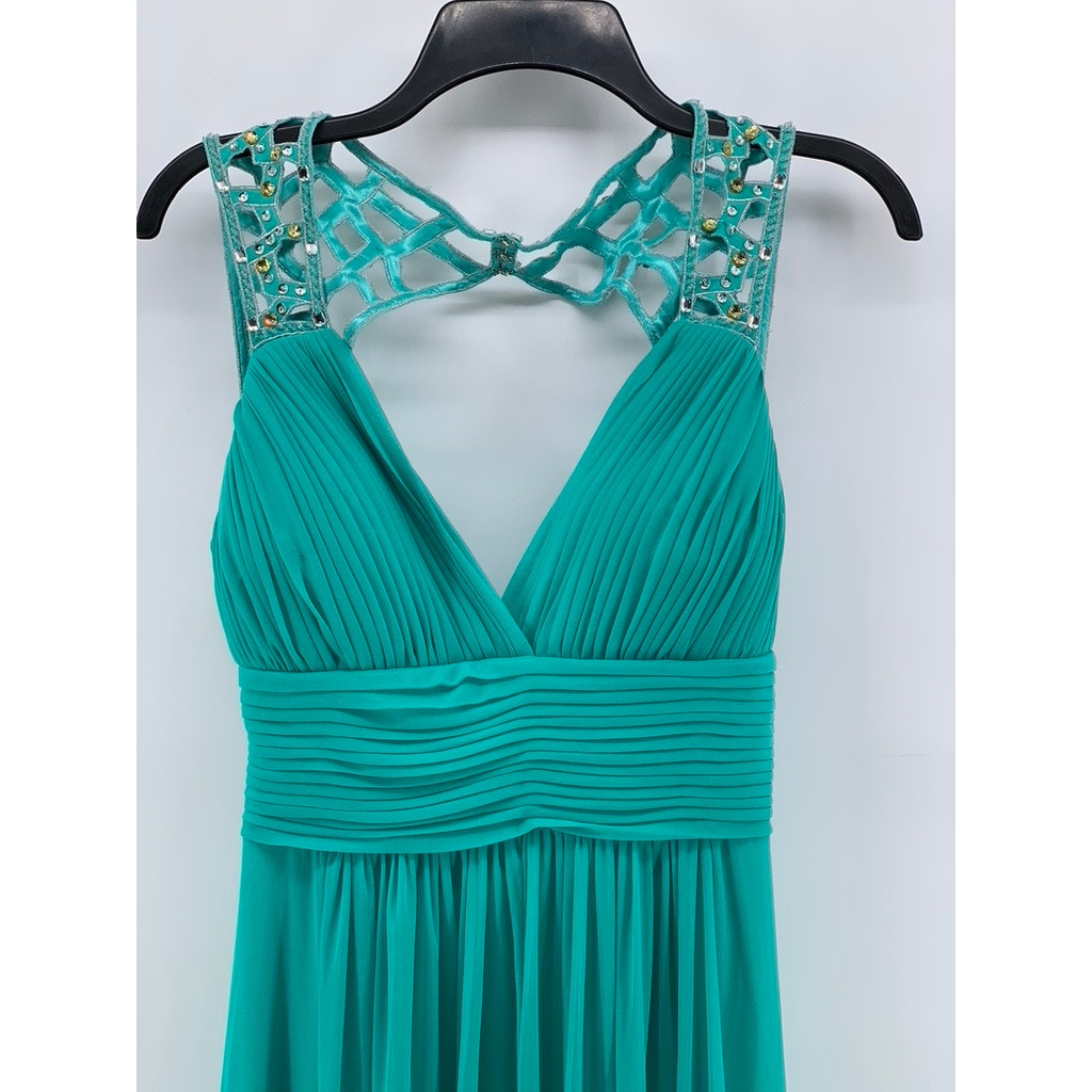BETSY & ADAM Women's Blue Pleated Rhinestone Cutout Maxi Gown SZ 8