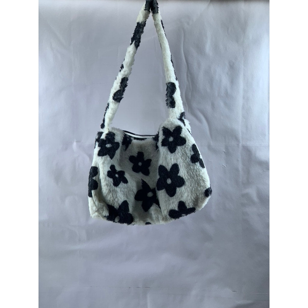 UNBRANDED Women's Black-White Floral Print Faux-Fur Shoulder Bag