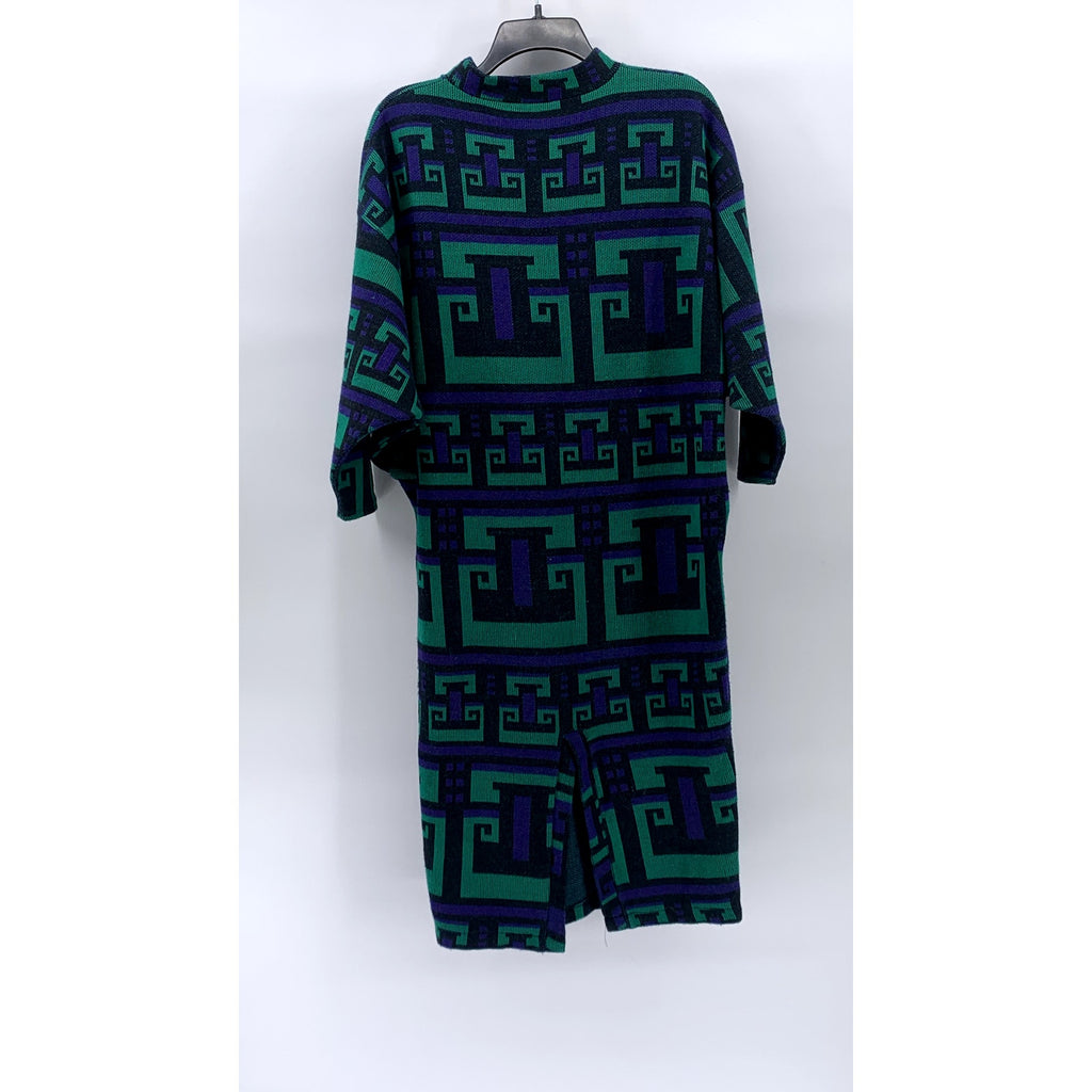 UNBRANDED Women’s Blue-Green Geo Print Long Sleeve Knit Midi Sweater Dress SZ L