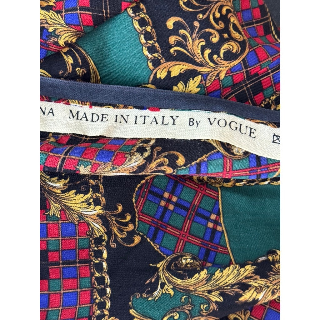 Women's Green/Tan Printed Wool Tie-Neck Long-Sleeve Fit & Flare Dress SZ M