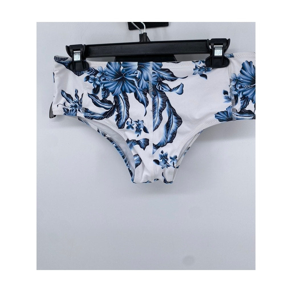 UNBRANDED Women's White-Blue Floral Print Cheeky Swim Bottom SZ L