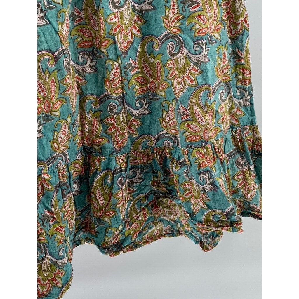 KUNDALINI Women's Green-Tan Printed Henley Short Sleeve Ruffle Hem Dress SZ S