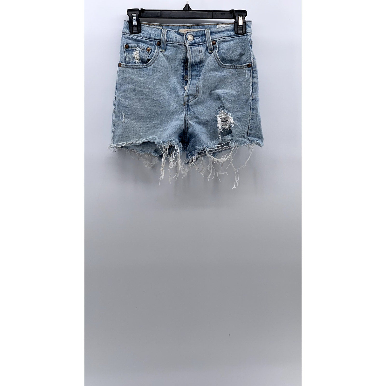 LEVI'S Women's Light Blue Distressed High-Rise Ribcage Button-Fly Short SZ 25