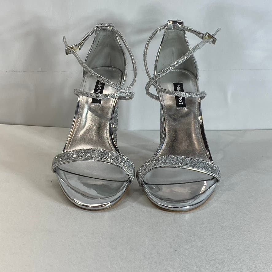 NINE WEST Women's Silver Celebra Sequin Ankle Strap Heeled Sandals SZ 7