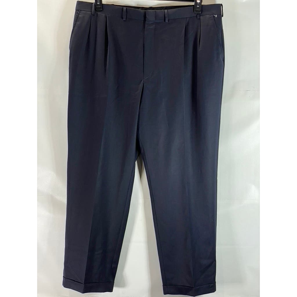LANDS' END Men's Long Navy Comfort Waist Pleated Wool Cuffed Pant SZ 44L