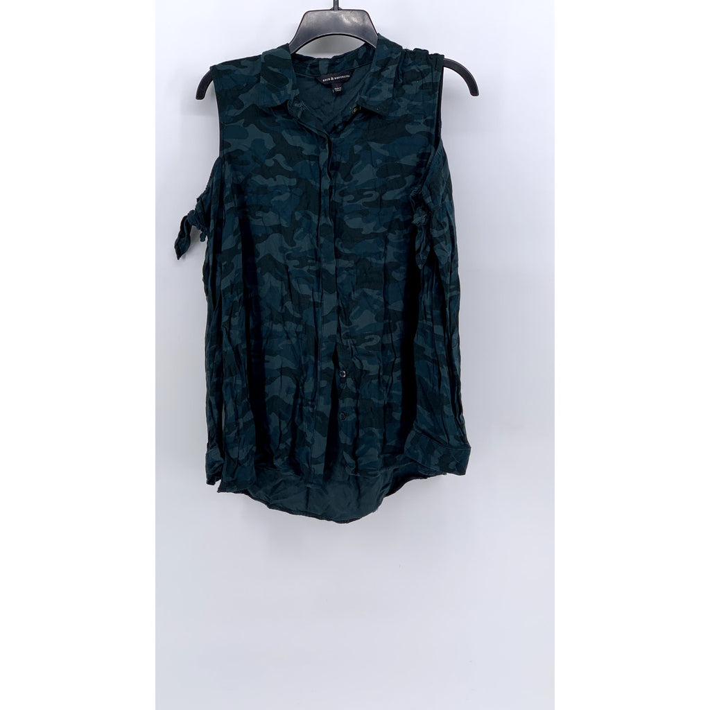 ROCK & REPUBLIC Women's Blue Camo Long Sleeve Cold-Shoulder Button-Up Top SZ L