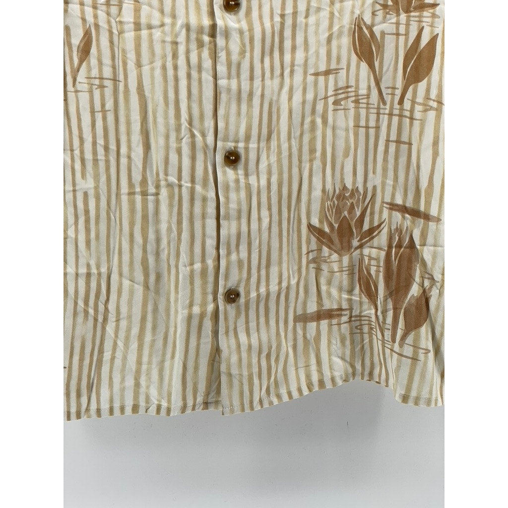 RHYTHM Men’s Camel Lily Stripes Cuban Button-Up Short Sleeve Shirt SZ L