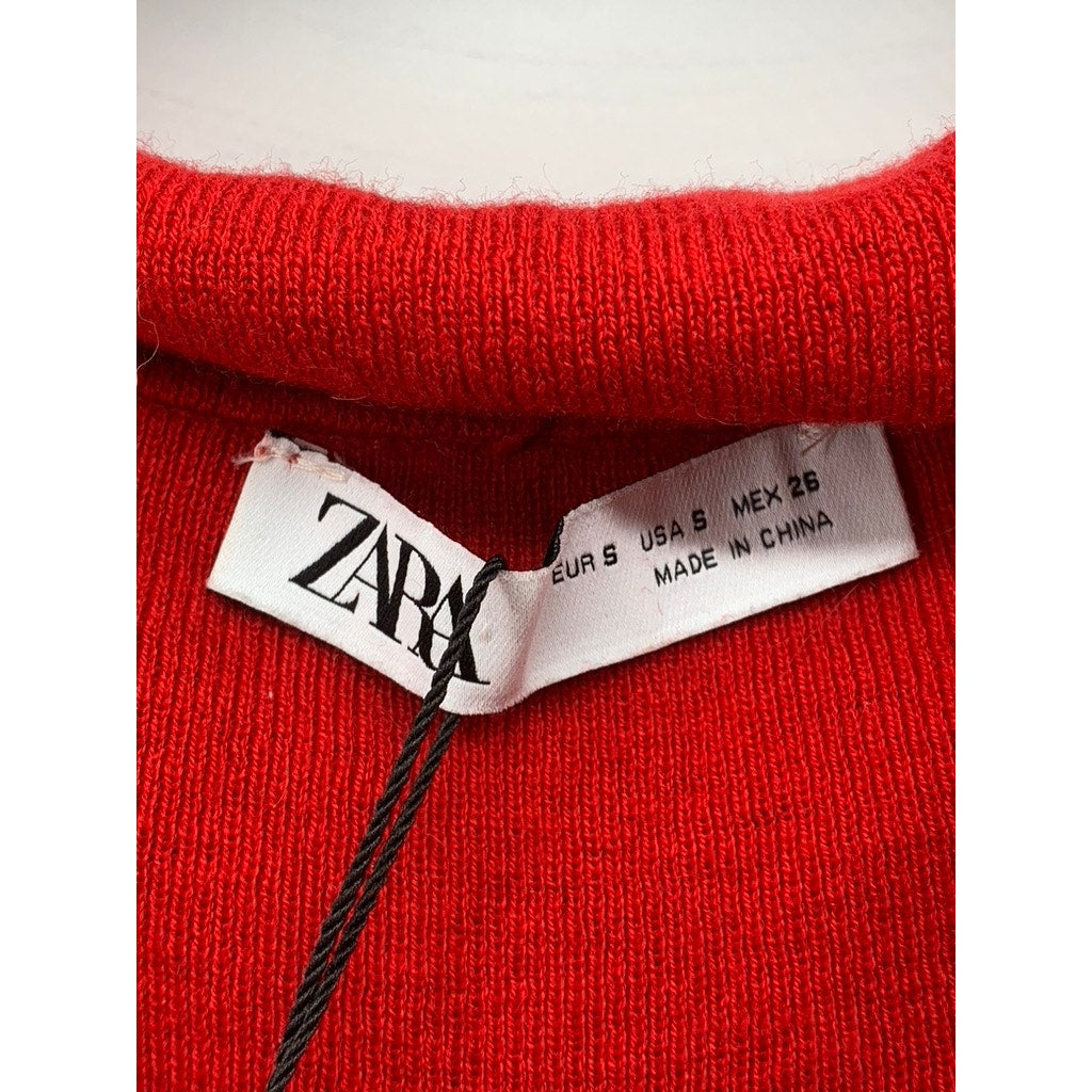 ZARA Women's Red Wool Off-The-Shoulder Fold-Over Long Sleeve Sweater Top SZ S