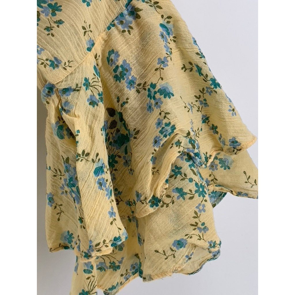 CHAPS Women's Yellow Floral Ruffle Sleeve Top SZ M