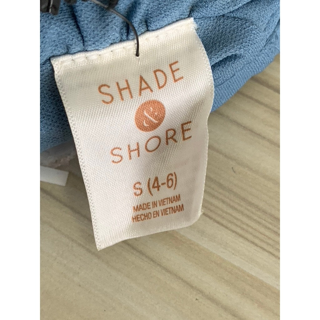 SHADE & SHORE Women's Blue Ribbed Scoop-Neck Cropped Swim Top SZ S