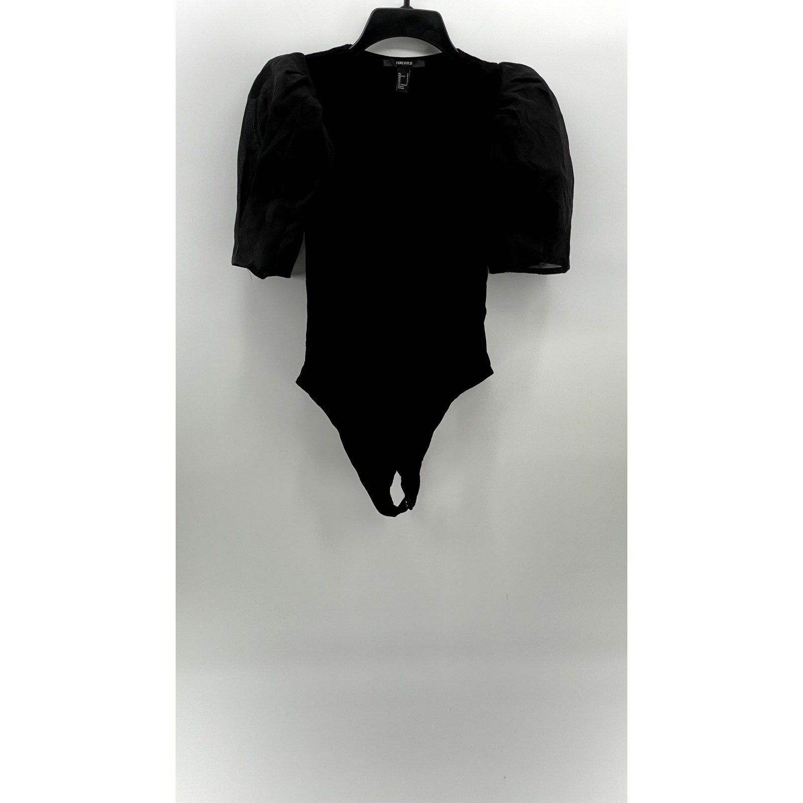 FOREVER 21 Women's Black Mesh Puff Short Sleeve Scoop-Neck Bodysuit SZ S