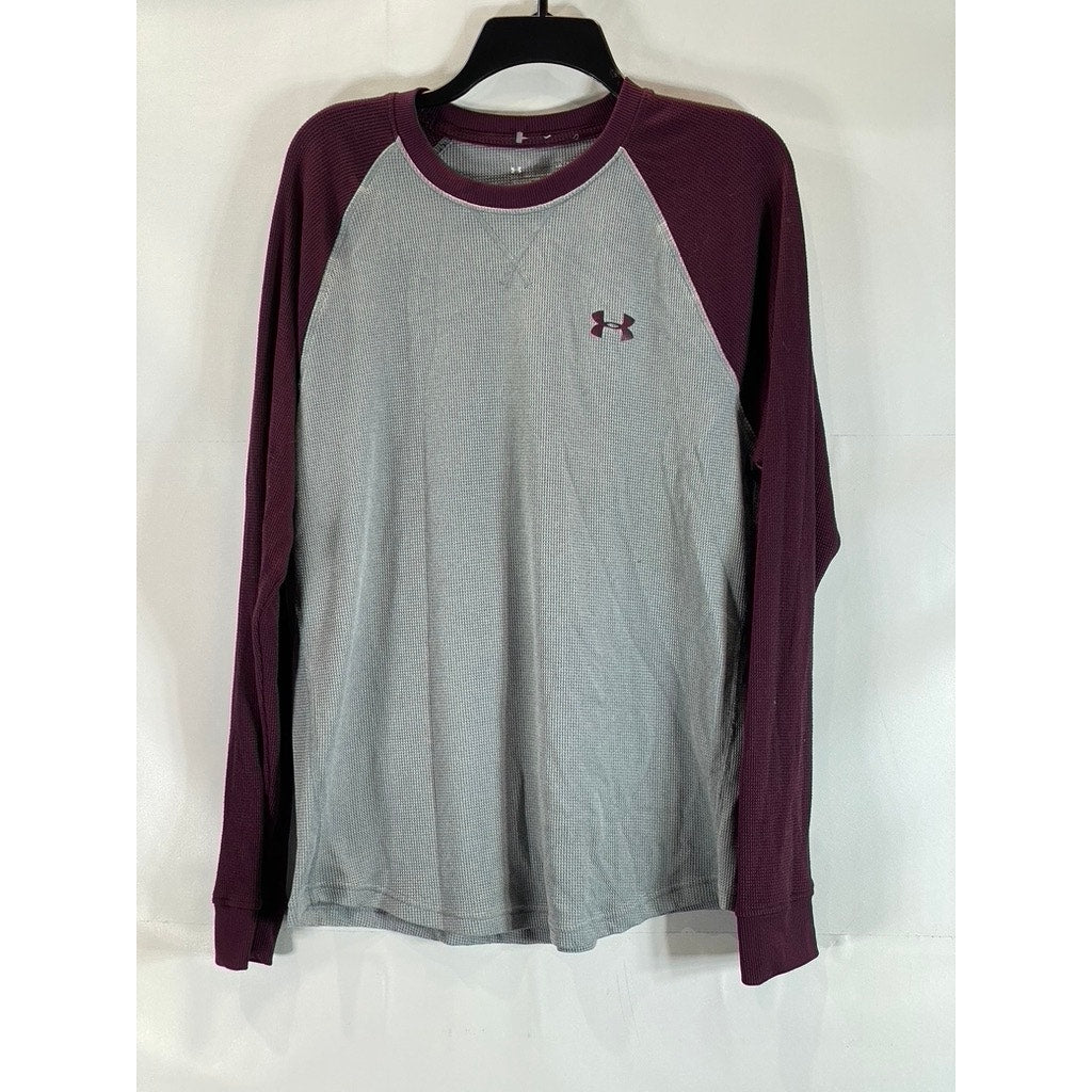 UNDER ARMOUR Men's Gray/Burgundy Colorblock Crewneck Loose Thermal Shirt SZ L