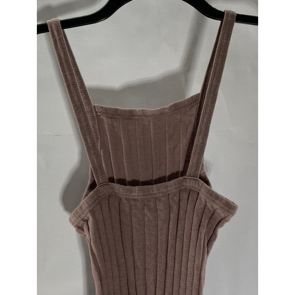 ZARA Women's Taupe Ribbed Straight-Neck Sleeveless Midi Bodycon Halter Dress SZS