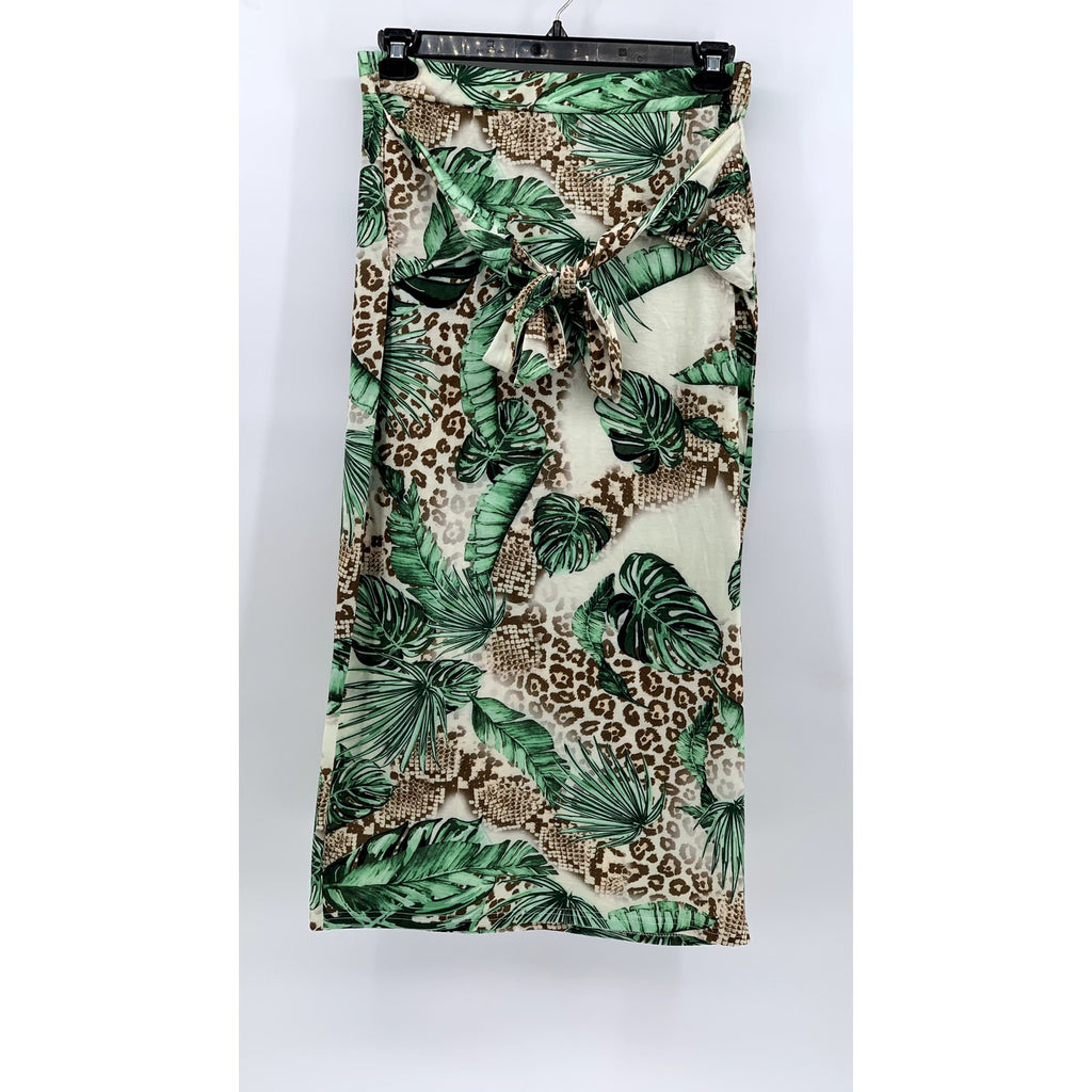 UNBRANDED Women's White-Green Tropical Print 2-Pc Skirt Tank Set SZ L/XL