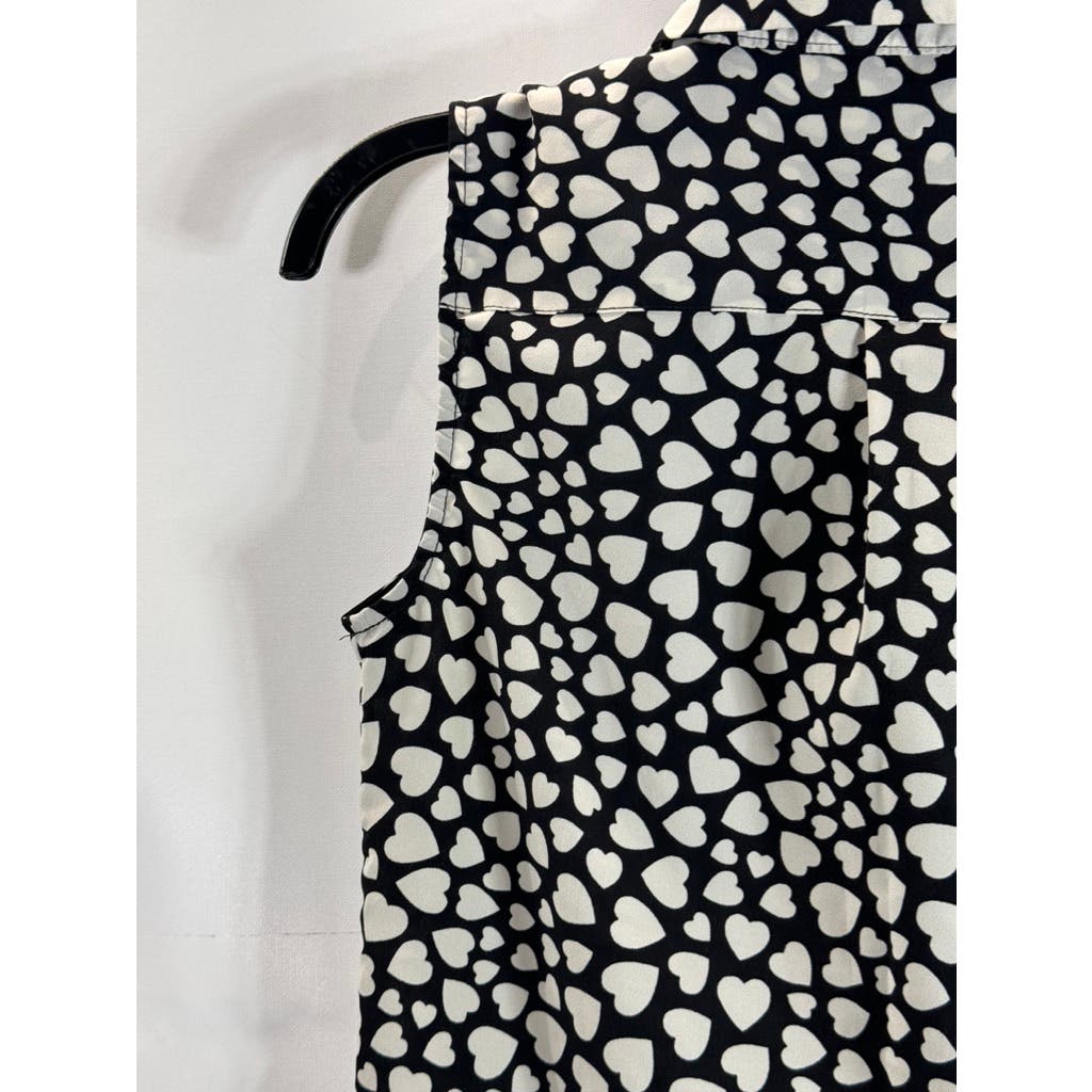 CYNTHIA ROWLEY Women's Black/White Heart Print Sleeveless Button-Up Top SZ XS