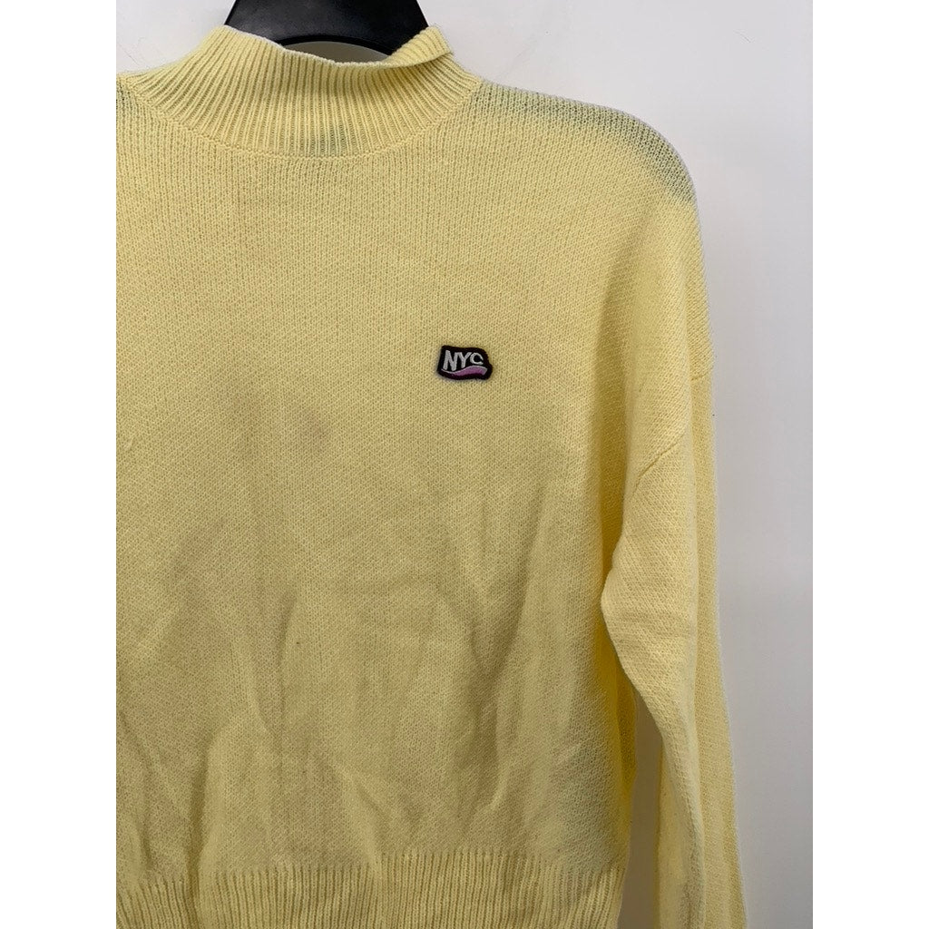 DIVIDED By H&M Women's Yellow Knit Mock-Neck NYC Patch Logo Sweater SZ XS
