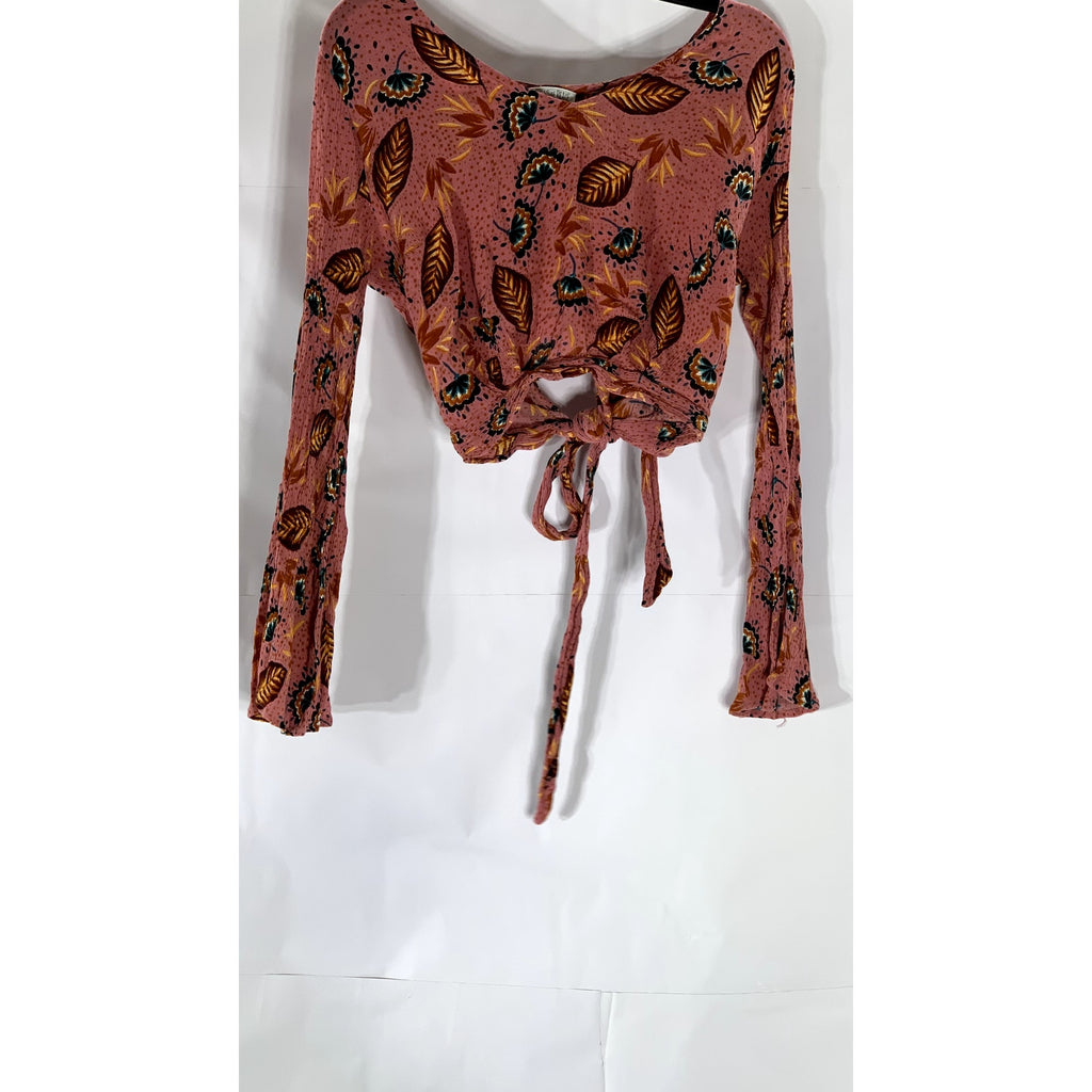 PATRONS OF PEACE Women's Pink Leaf Print Tie-Knot Front Long Sleeve Top SZ M
