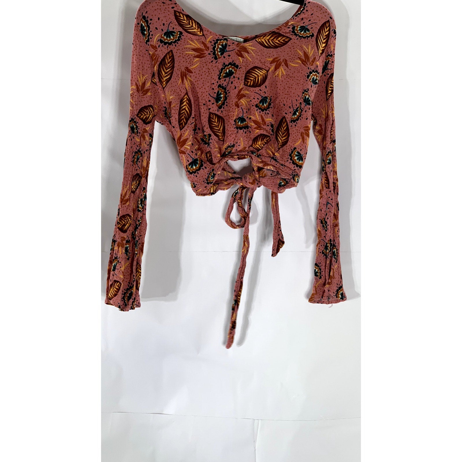 PATRONS OF PEACE Women's Pink Leaf Print Tie-Knot Front Long Sleeve Top SZ M