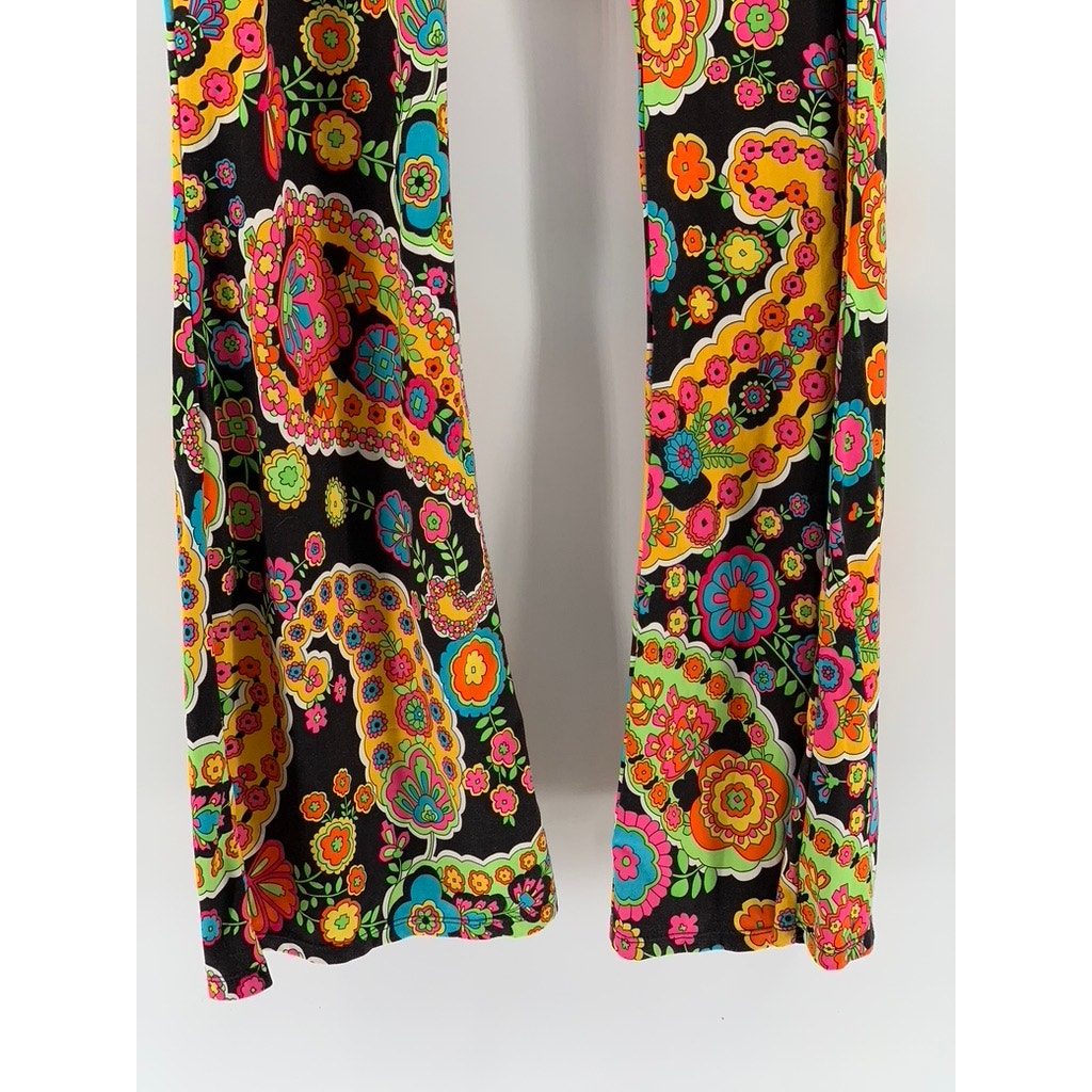 LEG AVENUE Women’s Black-Multicolor Paisley Retro Flare Pants SZ M/L