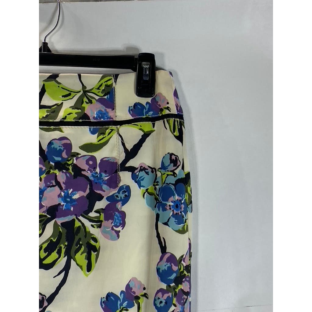 KAREN MILLEN Women's White/Purple Floral Ruffle-Hem Knee Length Skirt SZ 4