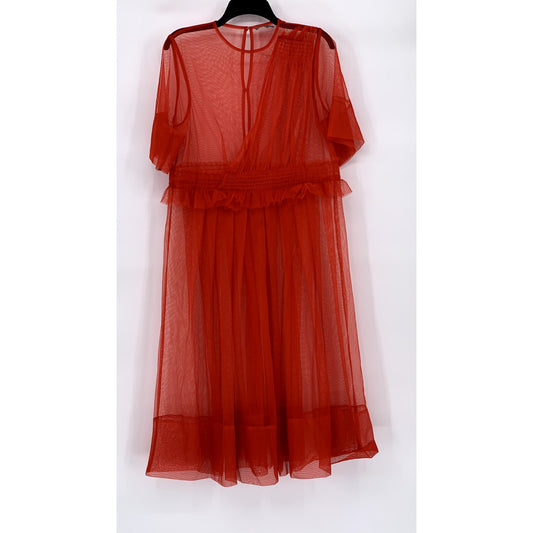 ASOS Women's Red Mesh Tulle Riffle Crewneck Short Sleeve Midi Dress SZ 8