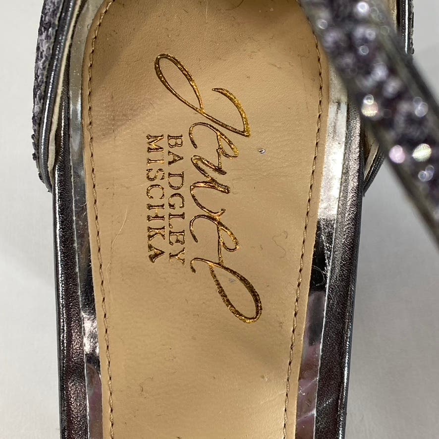JEWEL BADGLEY MISCHKA Women's Smoke Glitter Claudia Block-Heel Sandals SZ 9
