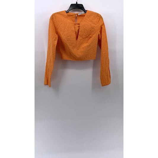 BERSHKA Women's Orange-White Gingham Long Sleeve V-Neck Cutout Cropped Top SZ S