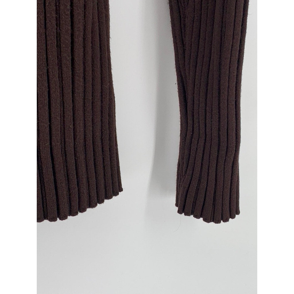 UNBRANDED Women's Brown Ribbed V-Neck Long Sleeve Top SZ S