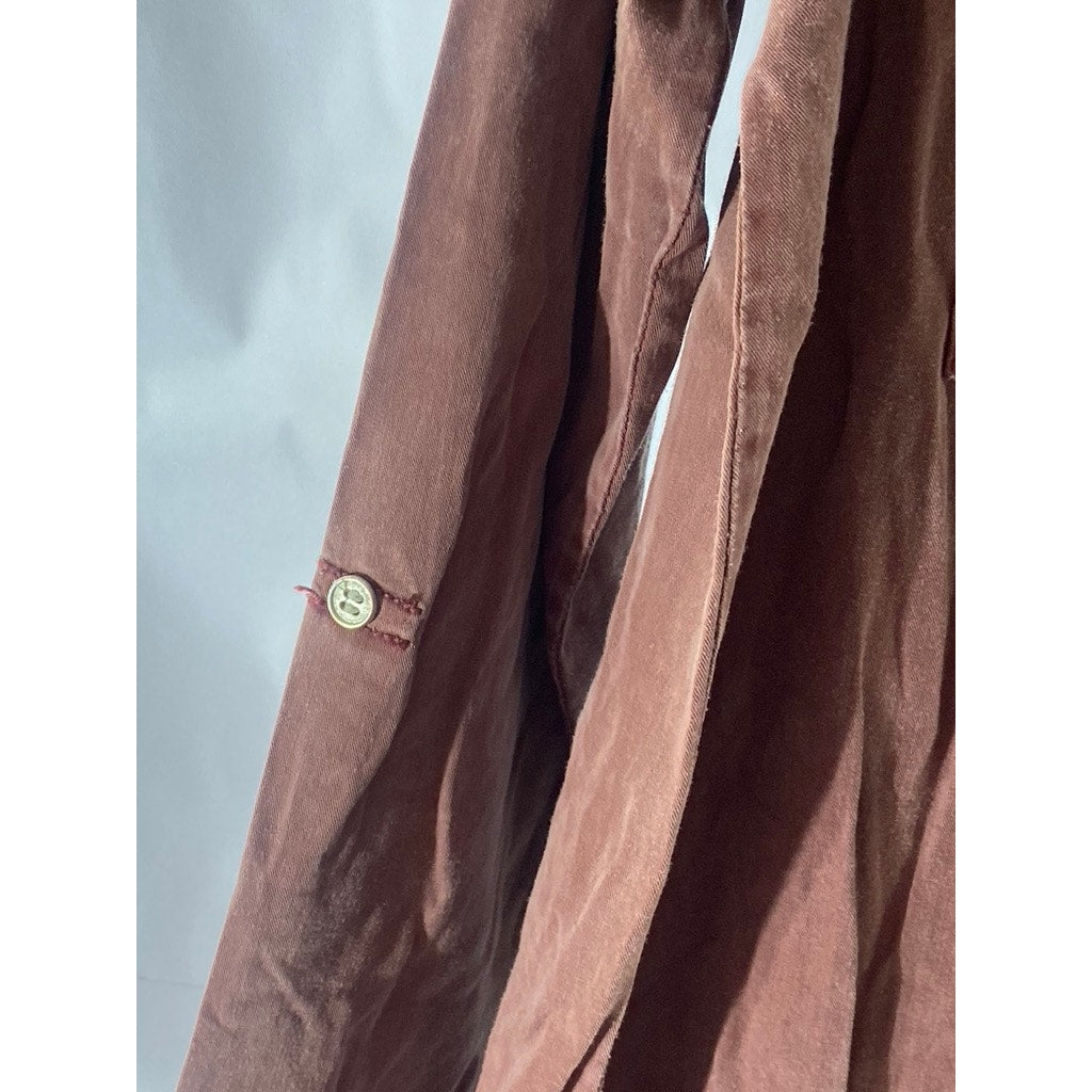 UNBRANDED Women's Burnt Orange Roll-Tab Long Sleeve Relaxed-Fit Henley Dress SZS