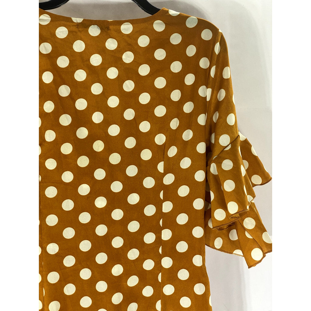 SHEIN Women's Carmel Brown-White Polka Dot Surplice Ruffle-Hem Dress SZ L