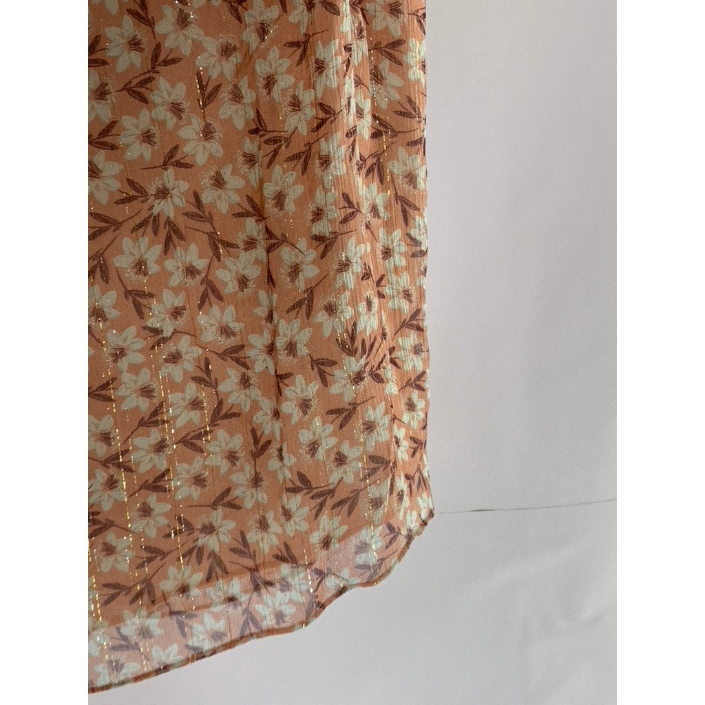 REBECCA TAYLOR Women's Peach Floral Metallic V-Neck Ruffle Short Sleeve Top SZ 2