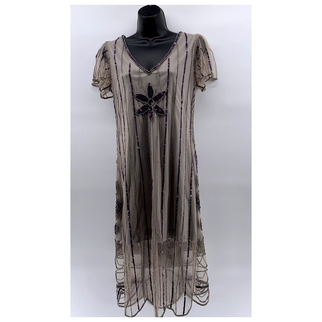 GATSBYLADY LONDON Women's Gray-Purple Beaded V-Neck Short Sleeve Dress SZ 6